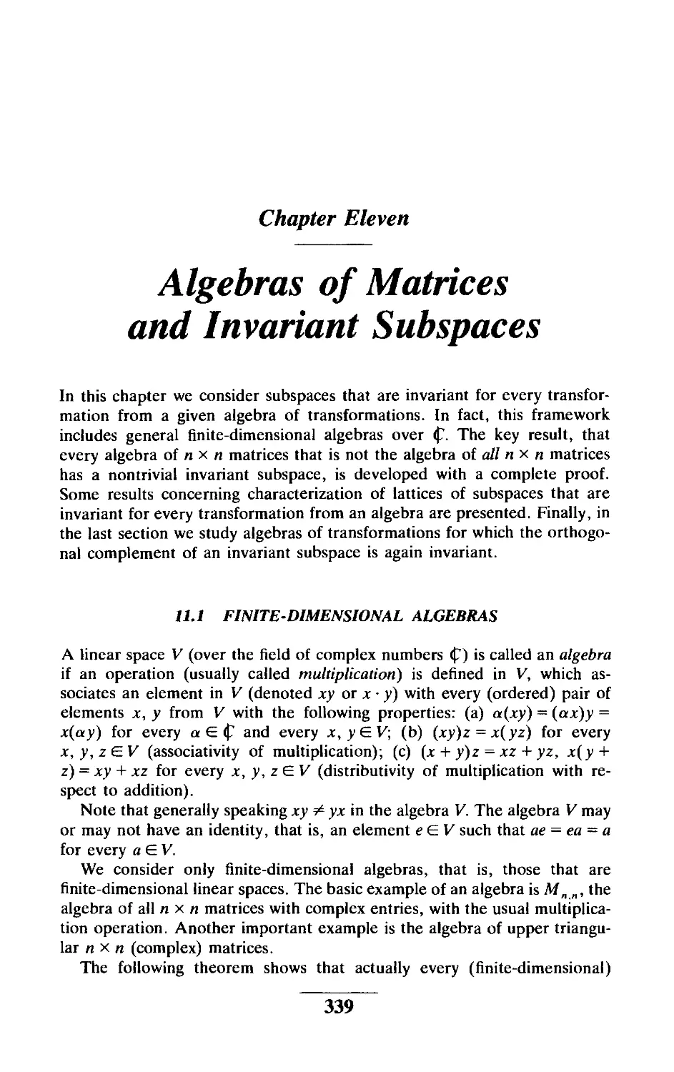 Chapter Eleven Algebras of Matrices and Invariant Subspaces