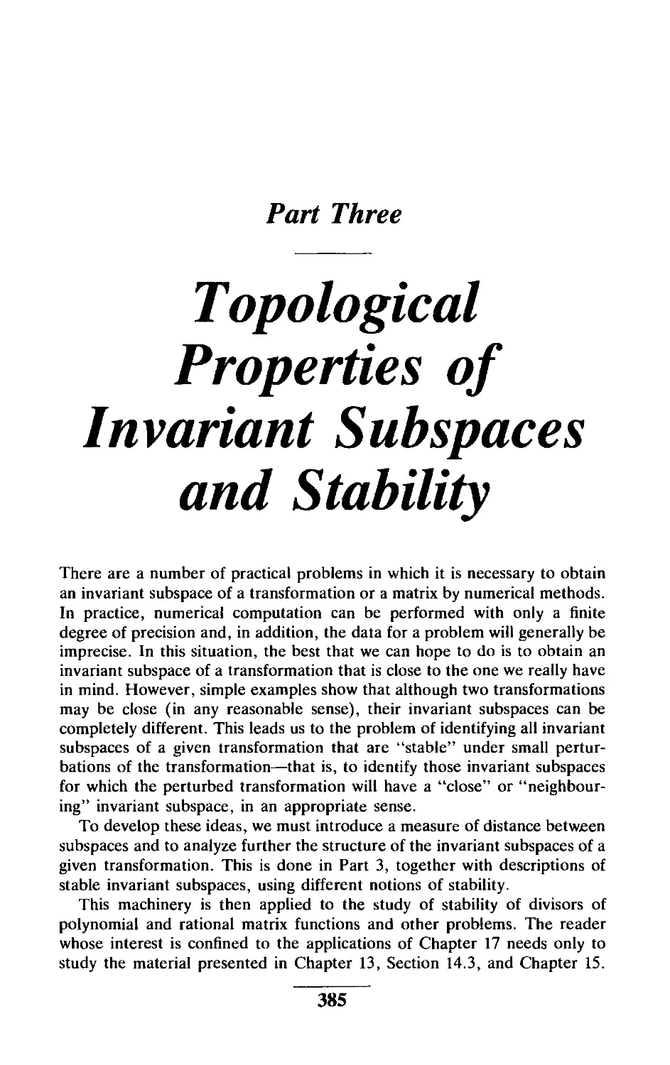 Part Three Topological Properties of Invariant Subspaces and Stability