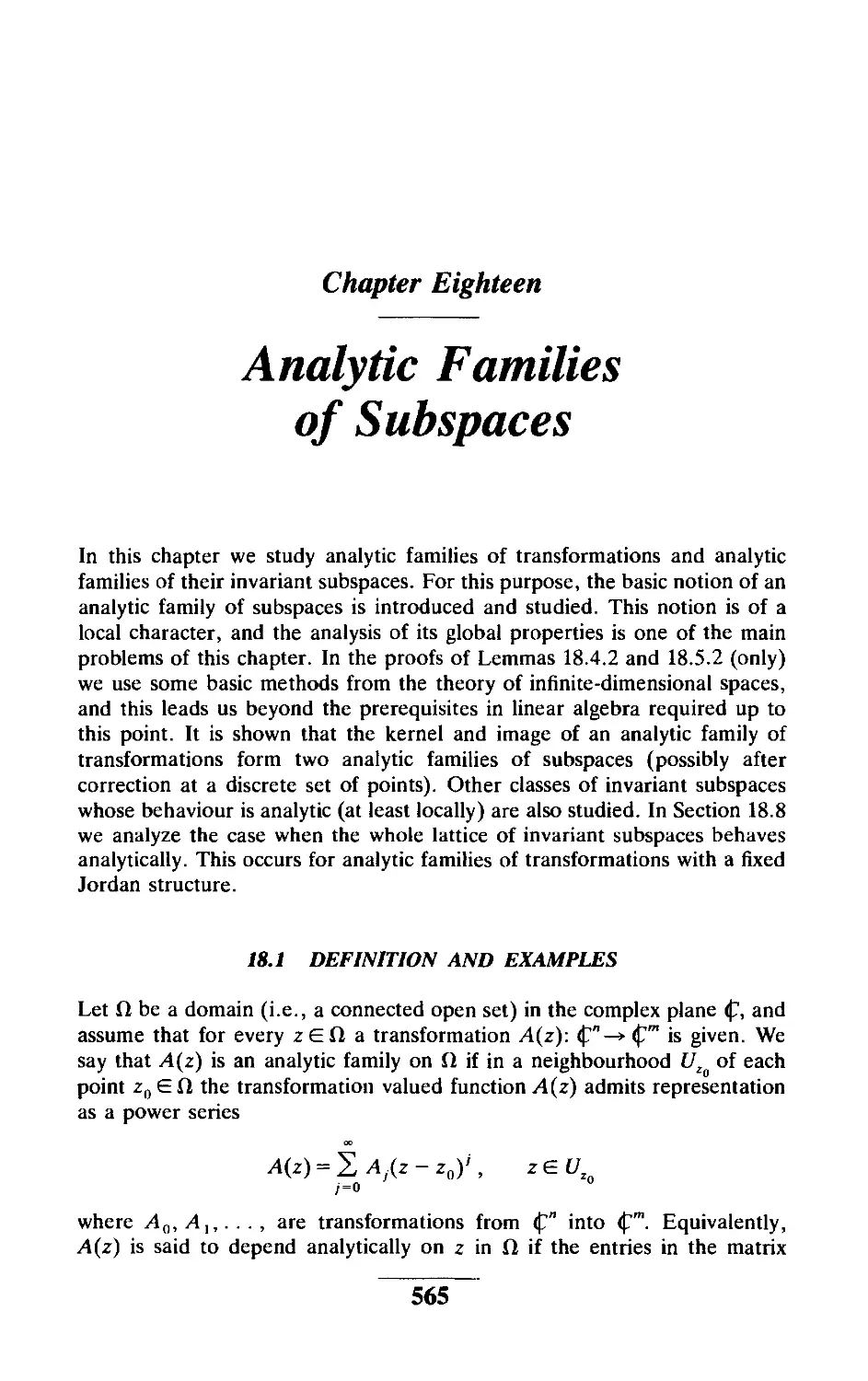 Chapter Eighteen Analytic Families of Subspaces