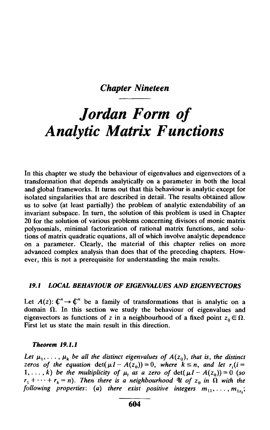 Chapter Nineteen Jordan Form of Analytic Matrix Functions