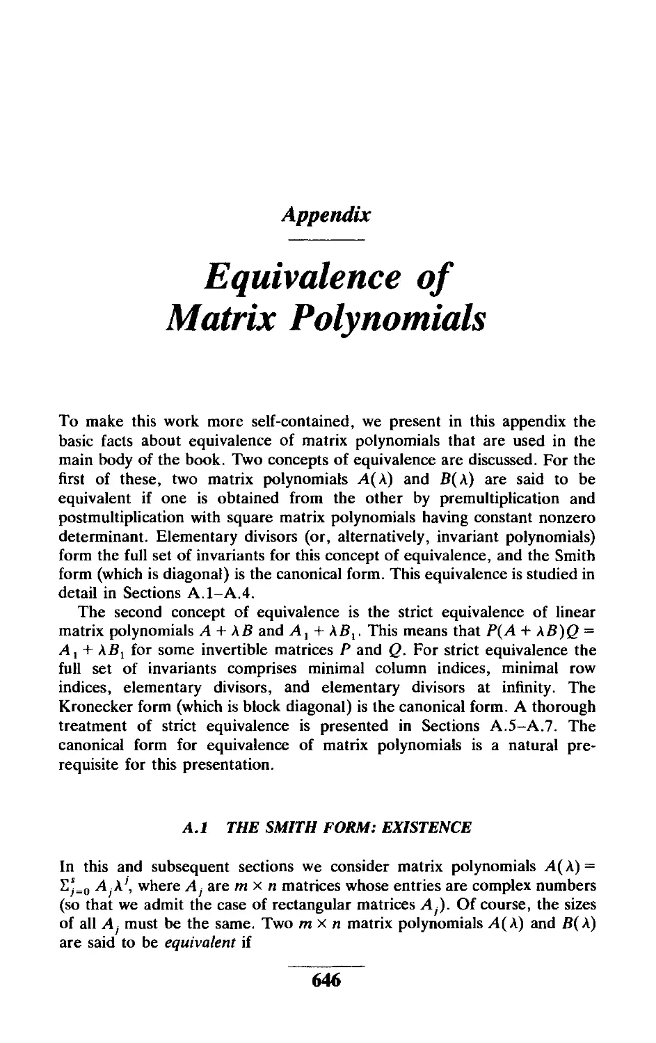 Appendix Equivalence of Matrix Polynomials