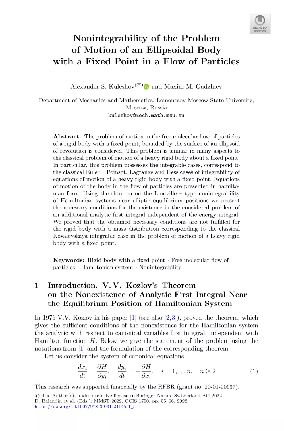 Nonintegrability of the Problem of Motion of an Ellipsoidal Body with a Fixed Point in a Flow of Particles
1 Introduction. V.V. Kozlov's Theorem on the Nonexistence of Analytic First Integral Near the Equilibrium Position of Hamiltonian System