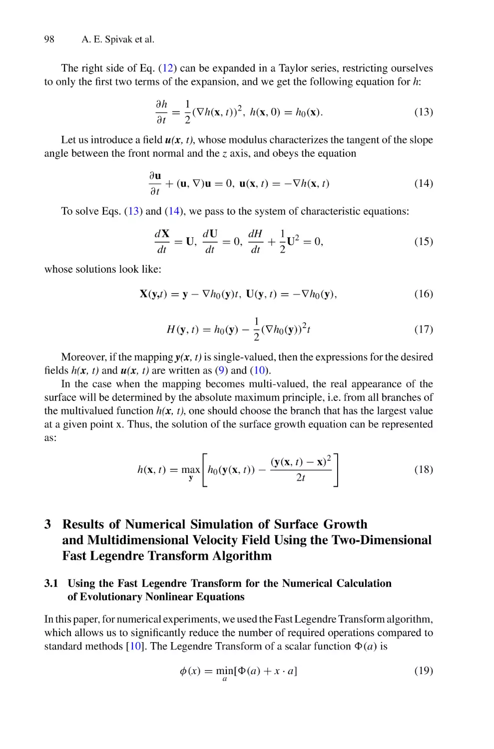 3 Results of Numerical Simulation of Surface Growth and Multidimensional Velocity Field Using the Two-Dimensional Fast Legendre Transform Algorithm
3.1 Using the Fast Legendre Transform for the Numerical Calculation of Evolutionary Nonlinear Equations