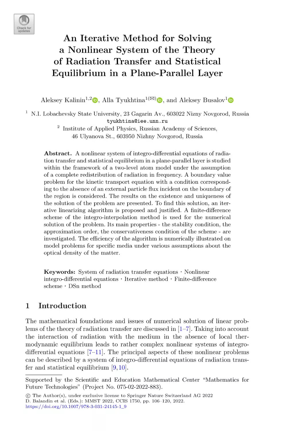 An Iterative Method for Solving a Nonlinear System of the Theory of Radiation Transfer and Statistical Equilibrium in a Plane-Parallel Layer
1 Introduction