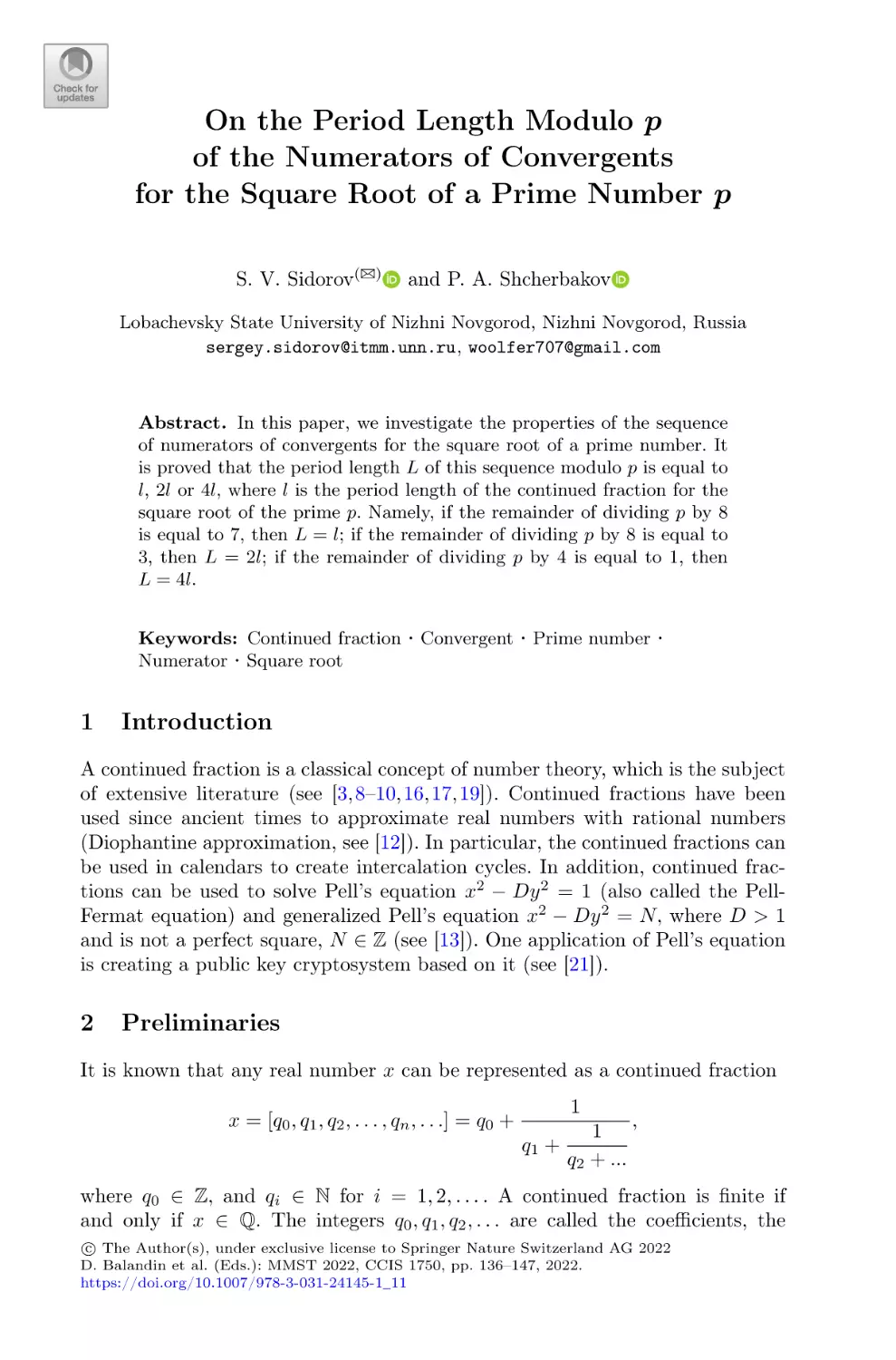 On the Period Length Modulo p of the Numerators of Convergents for the Square Root of a Prime Number p
1 Introduction
2 Preliminaries