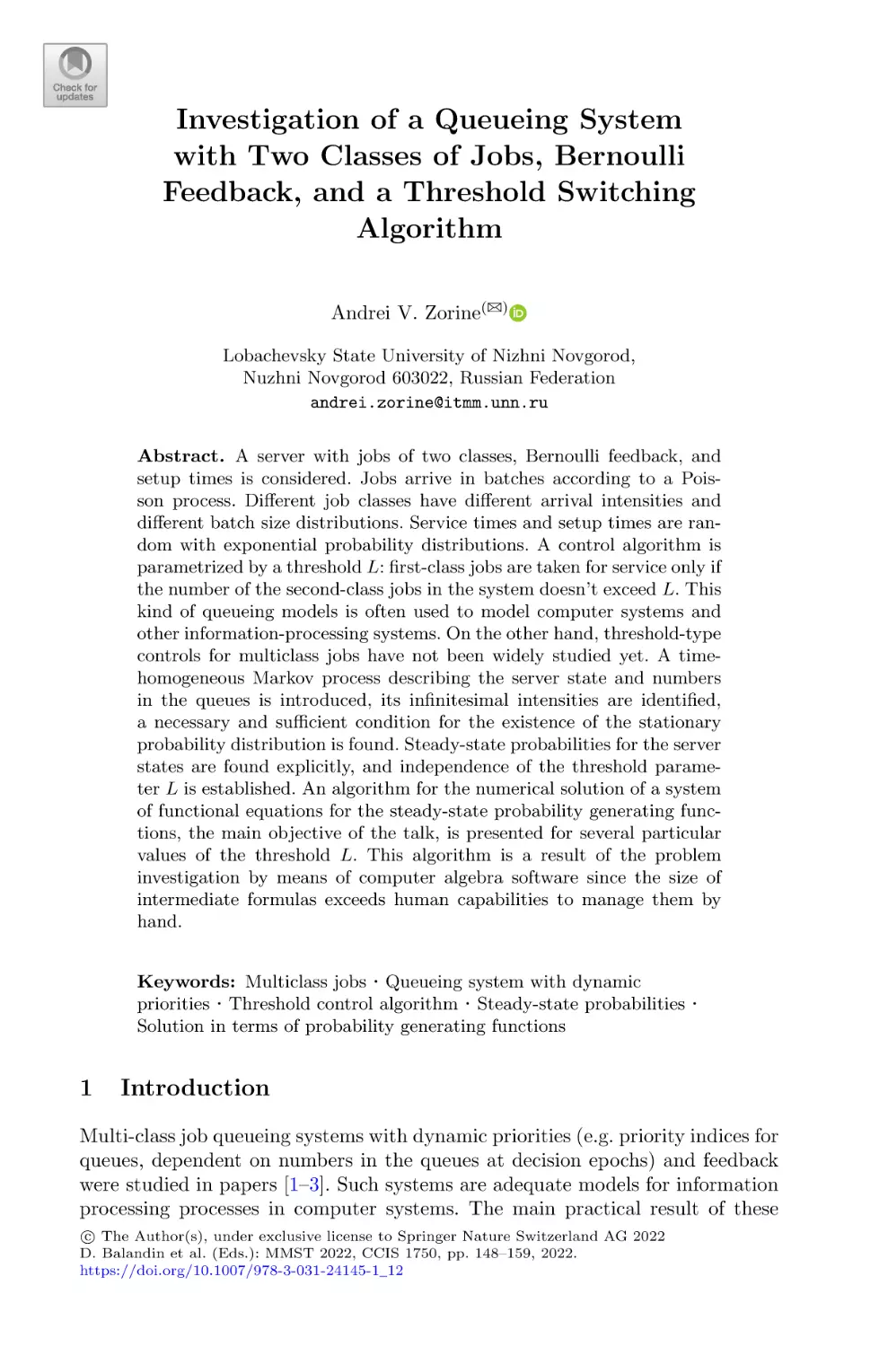 Investigation of a Queueing System with Two Classes of Jobs, Bernoulli Feedback, and a Threshold Switching Algorithm
1 Introduction