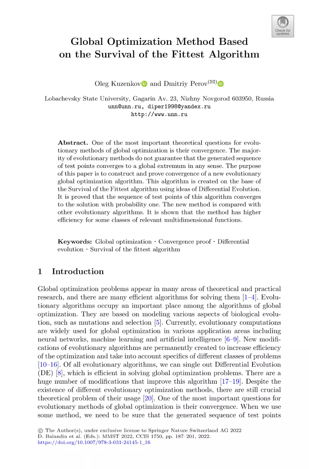 Global Optimization Method Based on the Survival of the Fittest Algorithm
1 Introduction