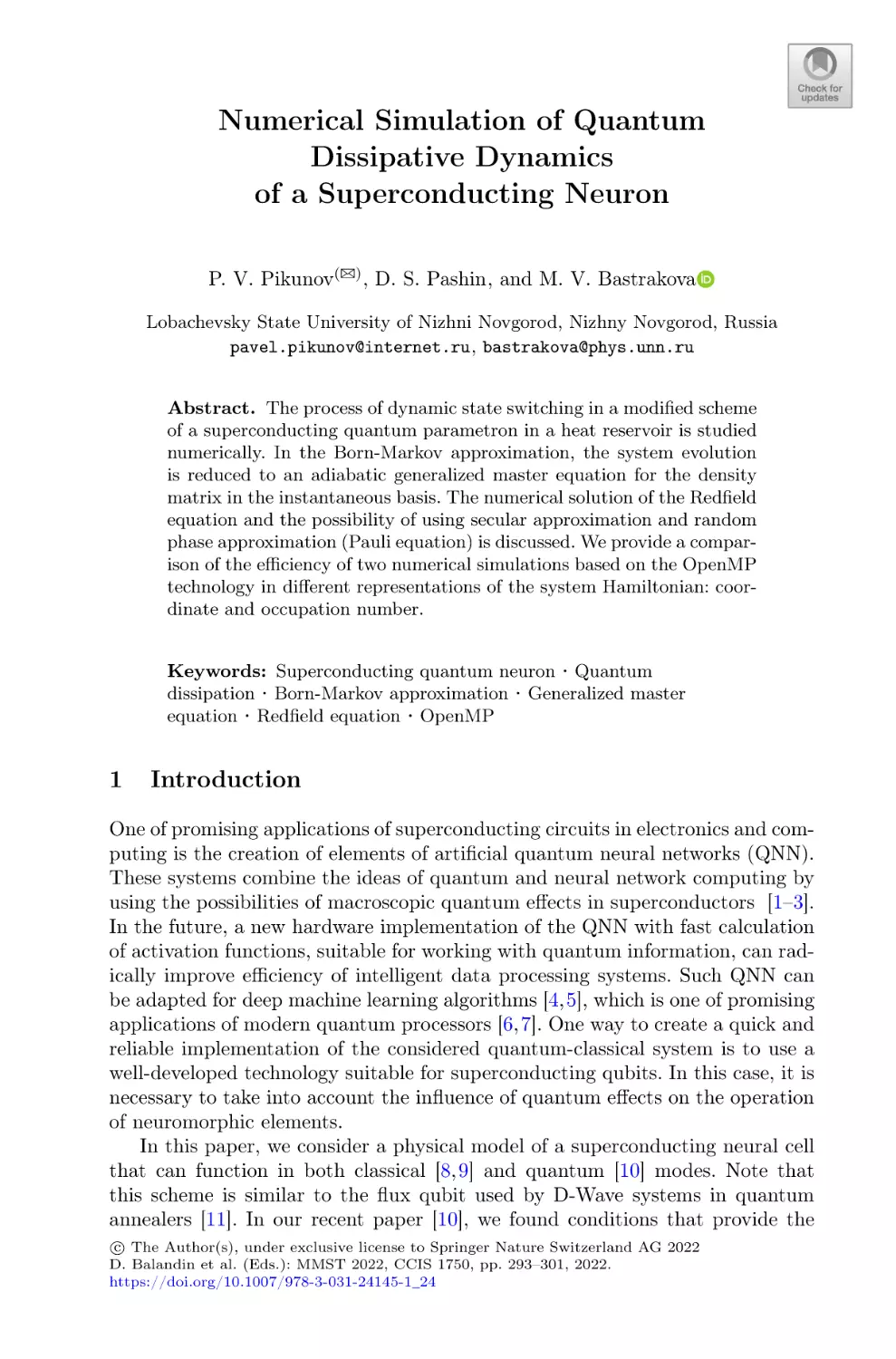 Numerical Simulation of Quantum Dissipative Dynamics of a Superconducting Neuron
1 Introduction