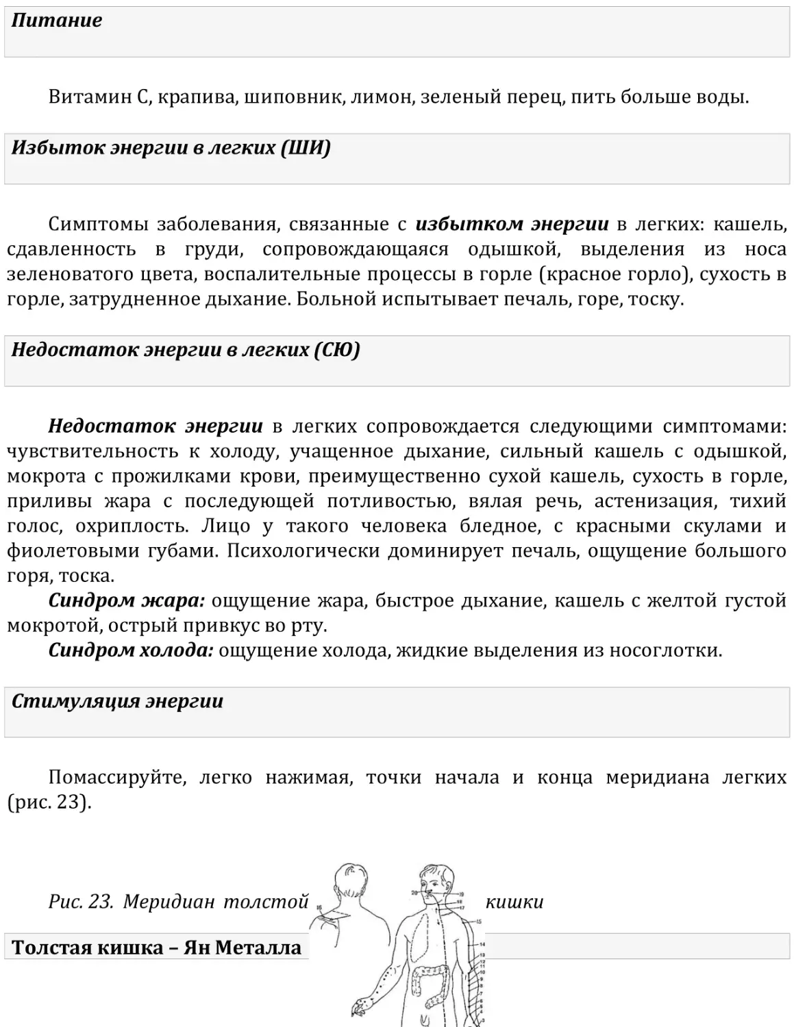 Питание
Избыток энергии в легких (ШИ)
Недостаток энергии в легких (СЮ)
Стимуляция энергии
Толстая кишка – Ян Металла