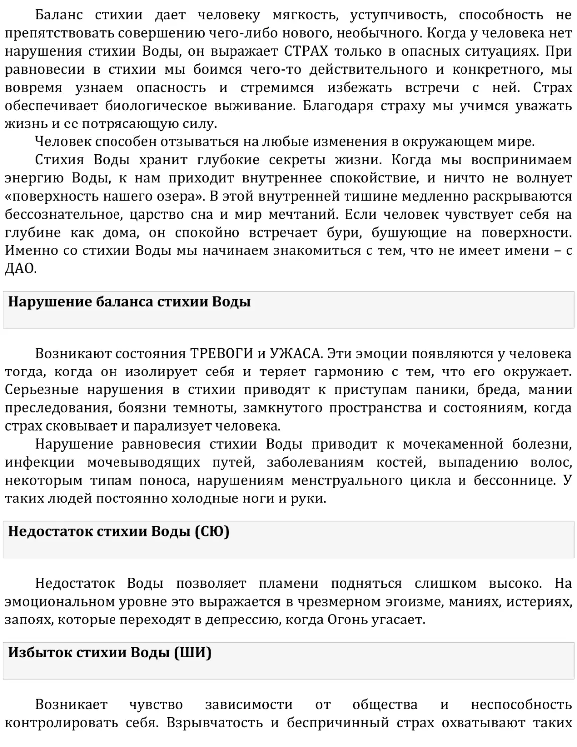 Нарушение баланса стихии Воды
Недостаток стихии Воды (СЮ)
Избыток стихии Воды (ШИ)